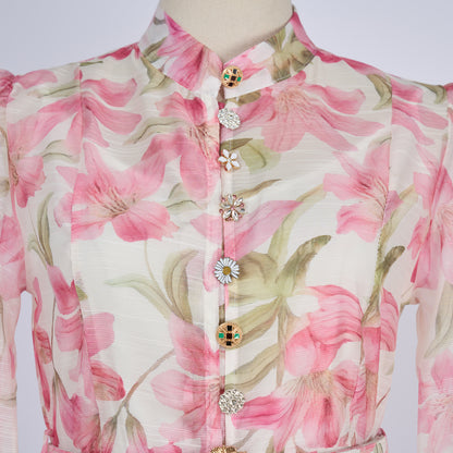 Vacation Style Patterned Buttoned Dress