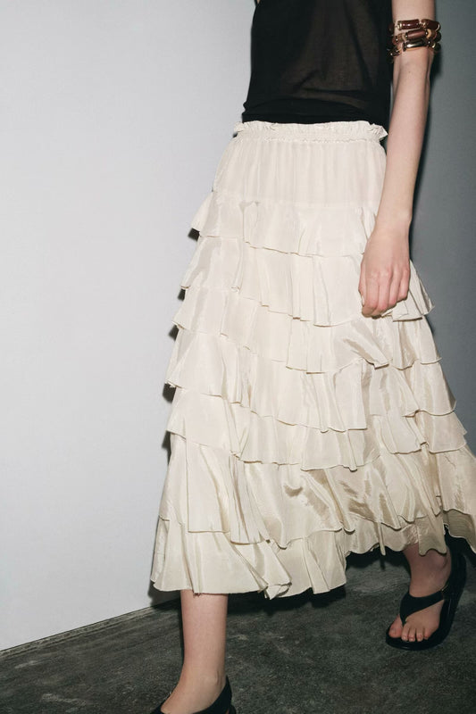 Ivory Tiered Mid Waist Midi Skirt
