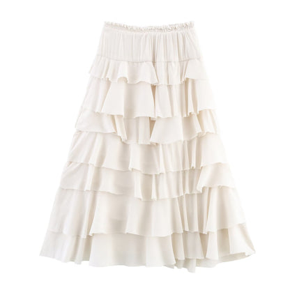 Ivory Tiered Mid Waist Midi Skirt