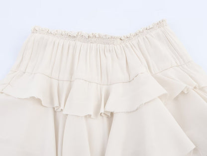 Ivory Tiered Mid Waist Midi Skirt