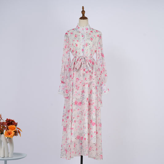 Long Sleeve Printed Buttons Of The Belt Dress