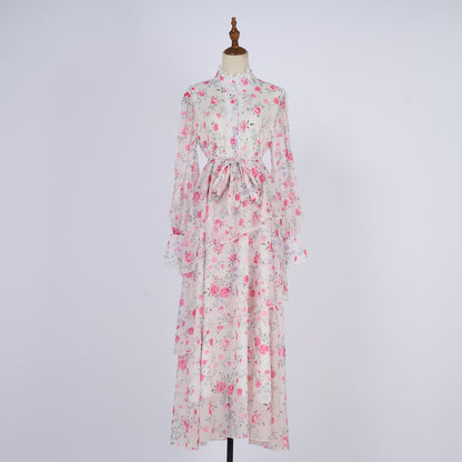 Long Sleeve Printed Buttons Of The Belt Dress