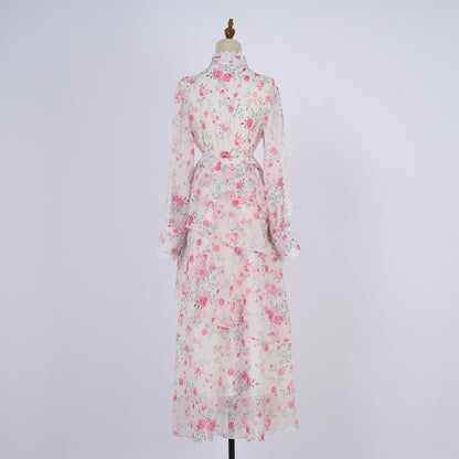 Long Sleeve Printed Buttons Of The Belt Dress