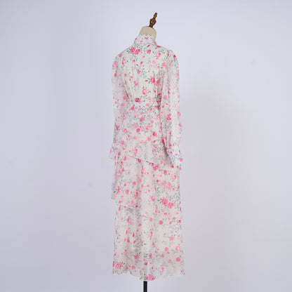 Long Sleeve Printed Buttons Of The Belt Dress