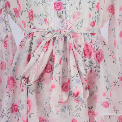 Long Sleeve Printed Buttons Of The Belt Dress