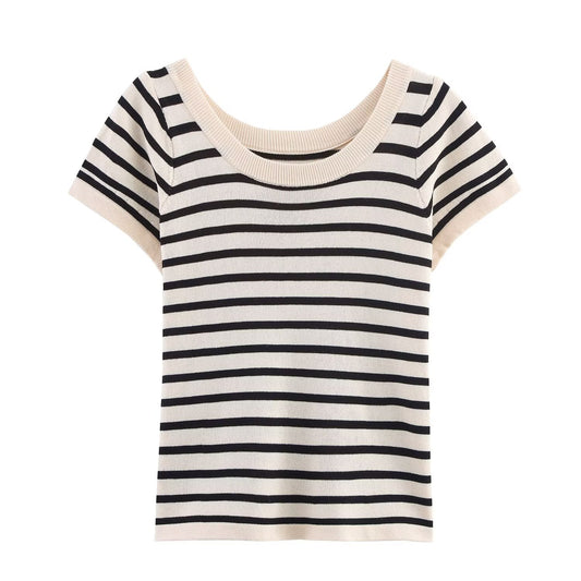 Stylish Simple round neck Striped knitted Top