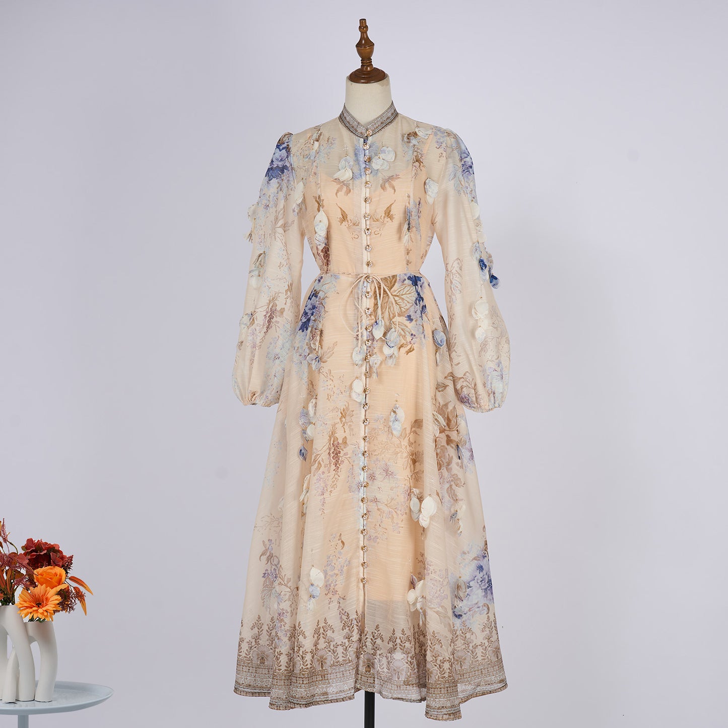 Long Sleeve Printed Button Dress