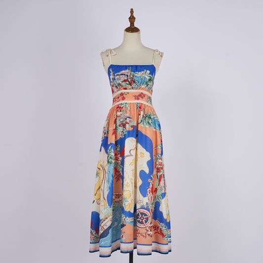 Linen Palm Tree Pattern Picnic Style Dress