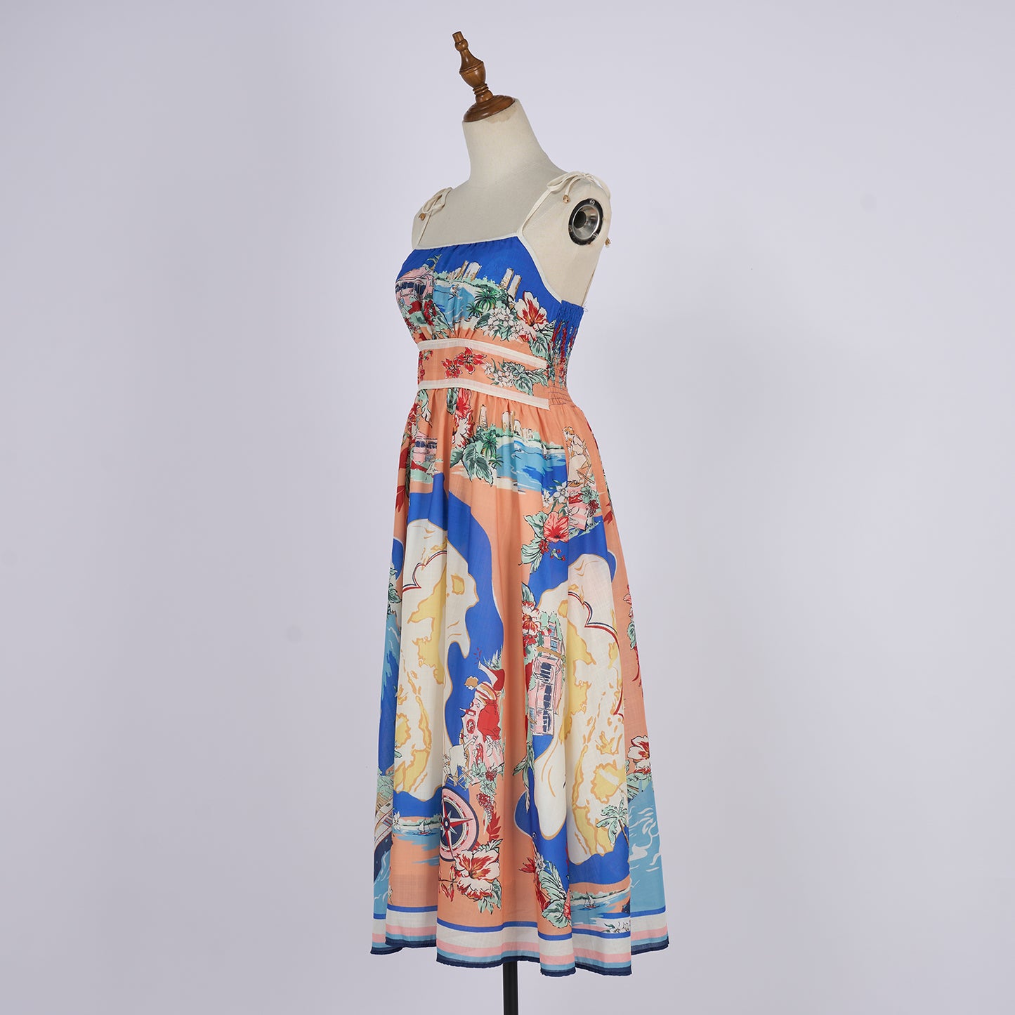 Linen Palm Tree Pattern Picnic Style Dress