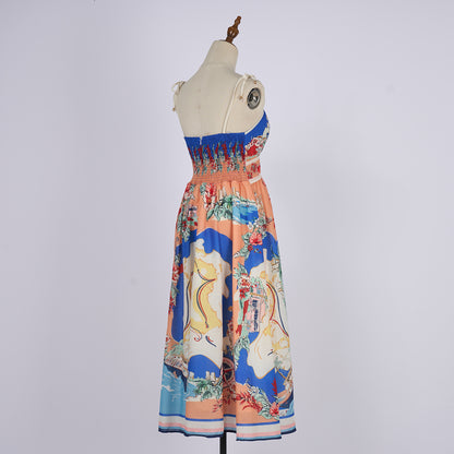 Linen Palm Tree Pattern Picnic Style Dress