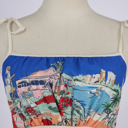 Linen Palm Tree Pattern Picnic Style Dress