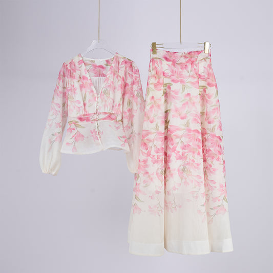 Long Sleeved Linen blend Shirt And Skirt Set