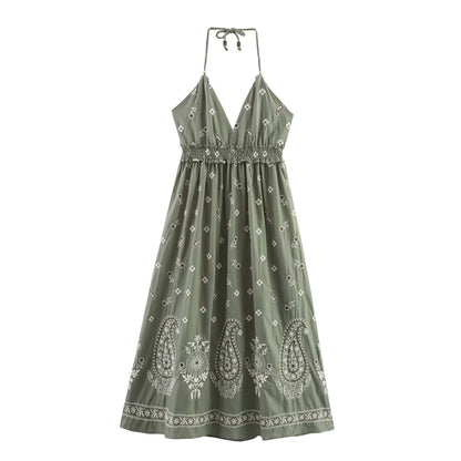 Green Elegant Embroidery Halter Dress