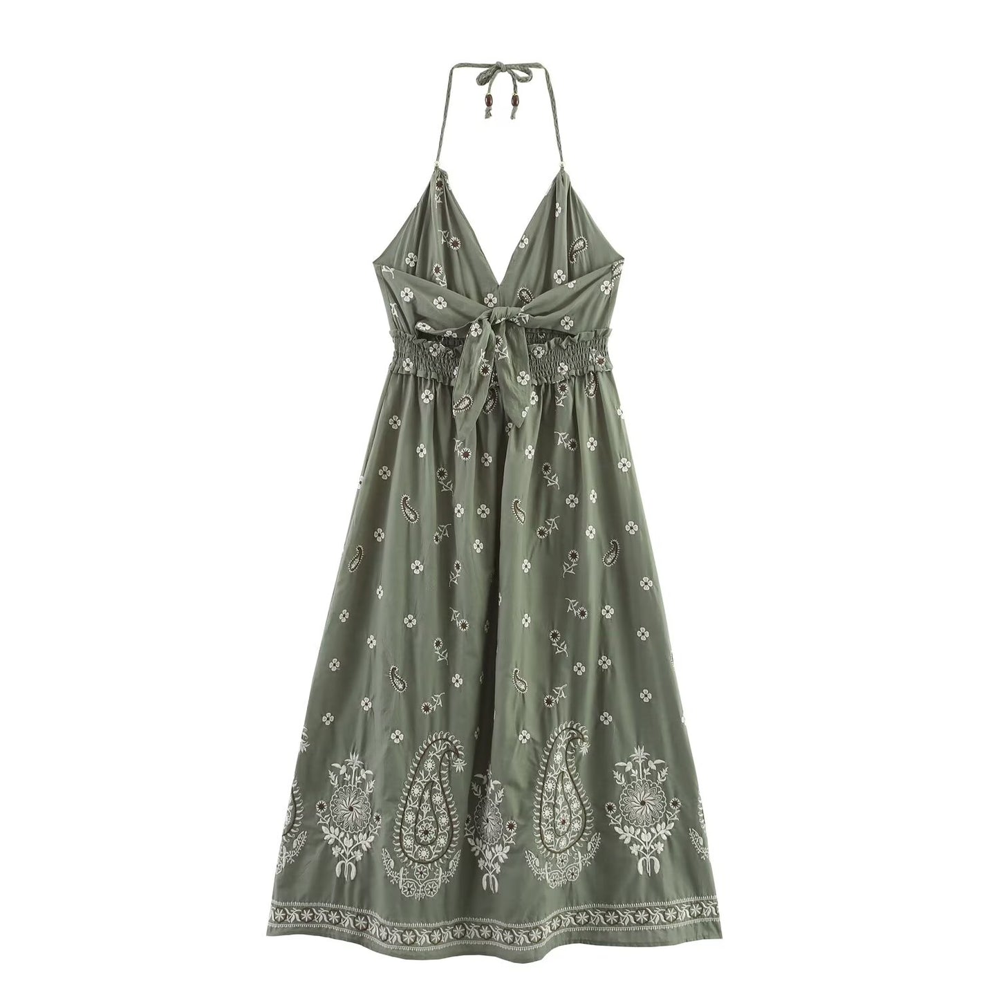 Green Elegant Embroidery Halter Dress