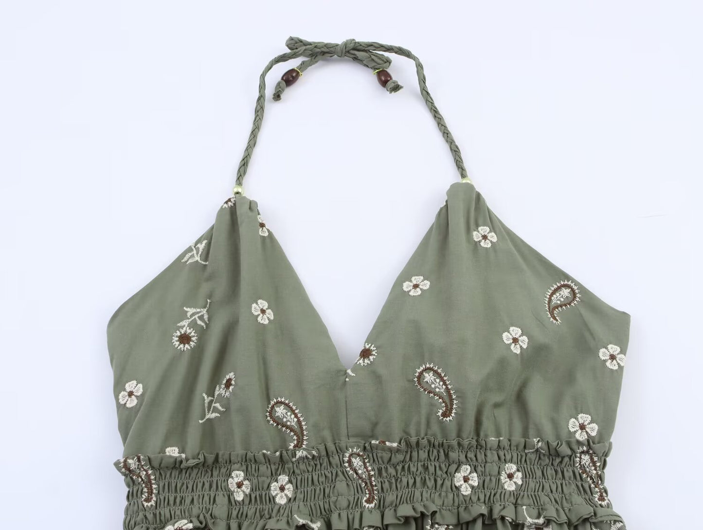 Green Elegant Embroidery Halter Dress