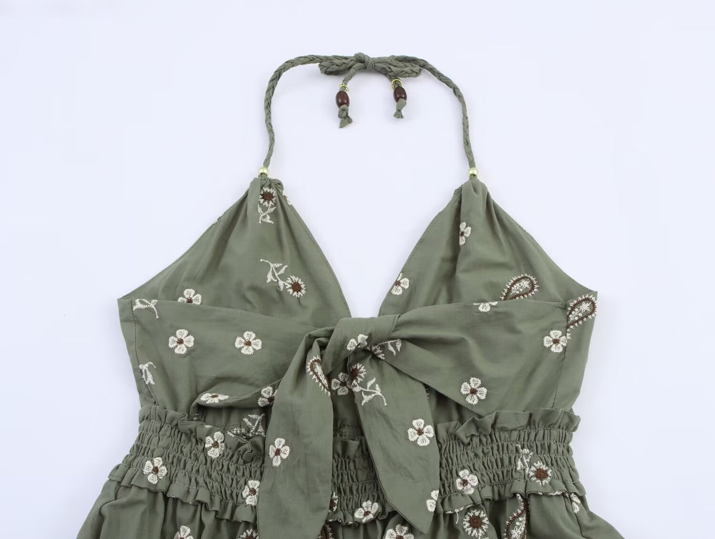 Green Elegant Embroidery Halter Dress