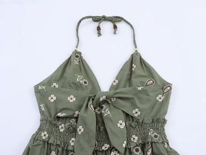 Green Elegant Embroidery Halter Dress