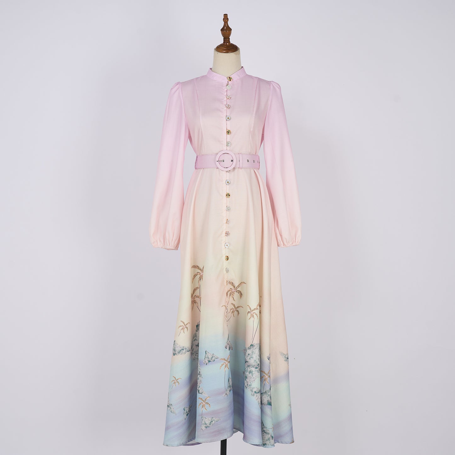 Printed Single Button Stand Up Collar A Line Long Dress