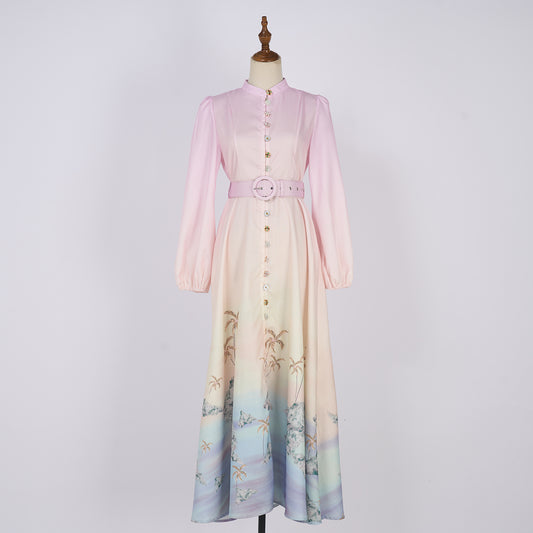 Printed Single Button Stand Up Collar A Line Long Dress