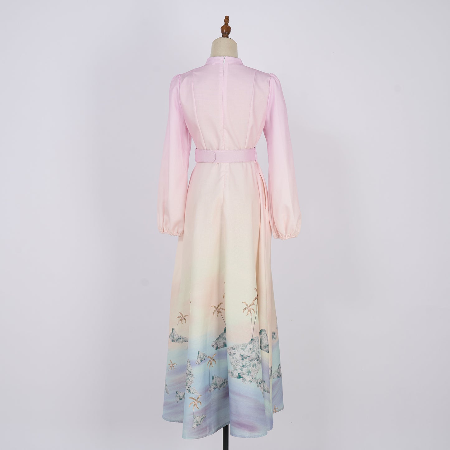 Printed Single Button Stand Up Collar A Line Long Dress