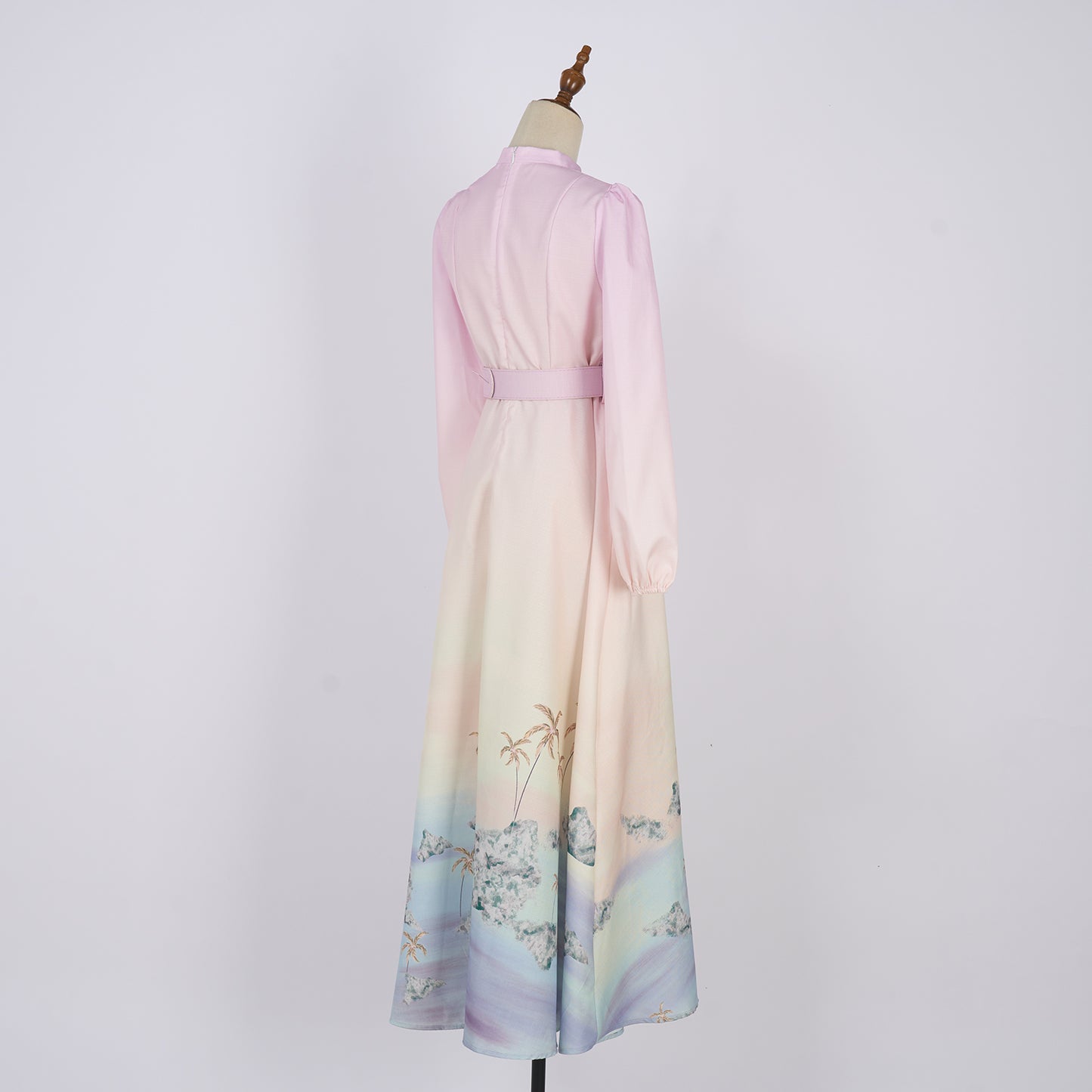 Printed Single Button Stand Up Collar A Line Long Dress