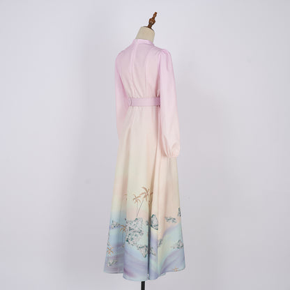 Printed Single Button Stand Up Collar A Line Long Dress