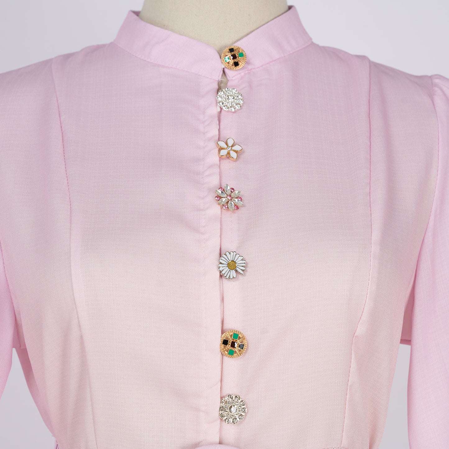 Printed Single Button Stand Up Collar A Line Long Dress