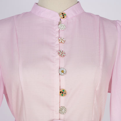 Printed Single Button Stand Up Collar A Line Long Dress