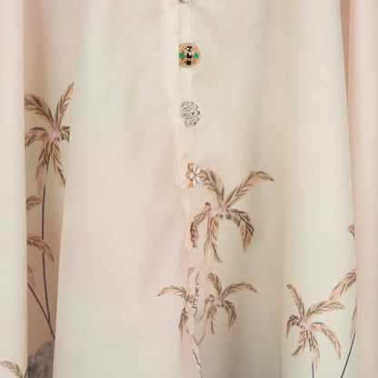 Printed Single Button Stand Up Collar A Line Long Dress