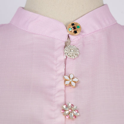 Printed Single Button Stand Up Collar A Line Long Dress