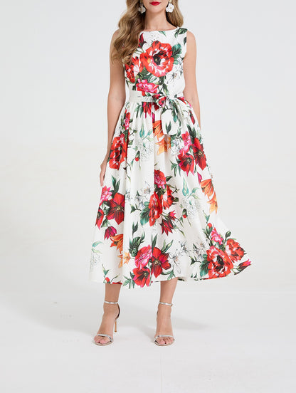 Red Floral Flared Dress