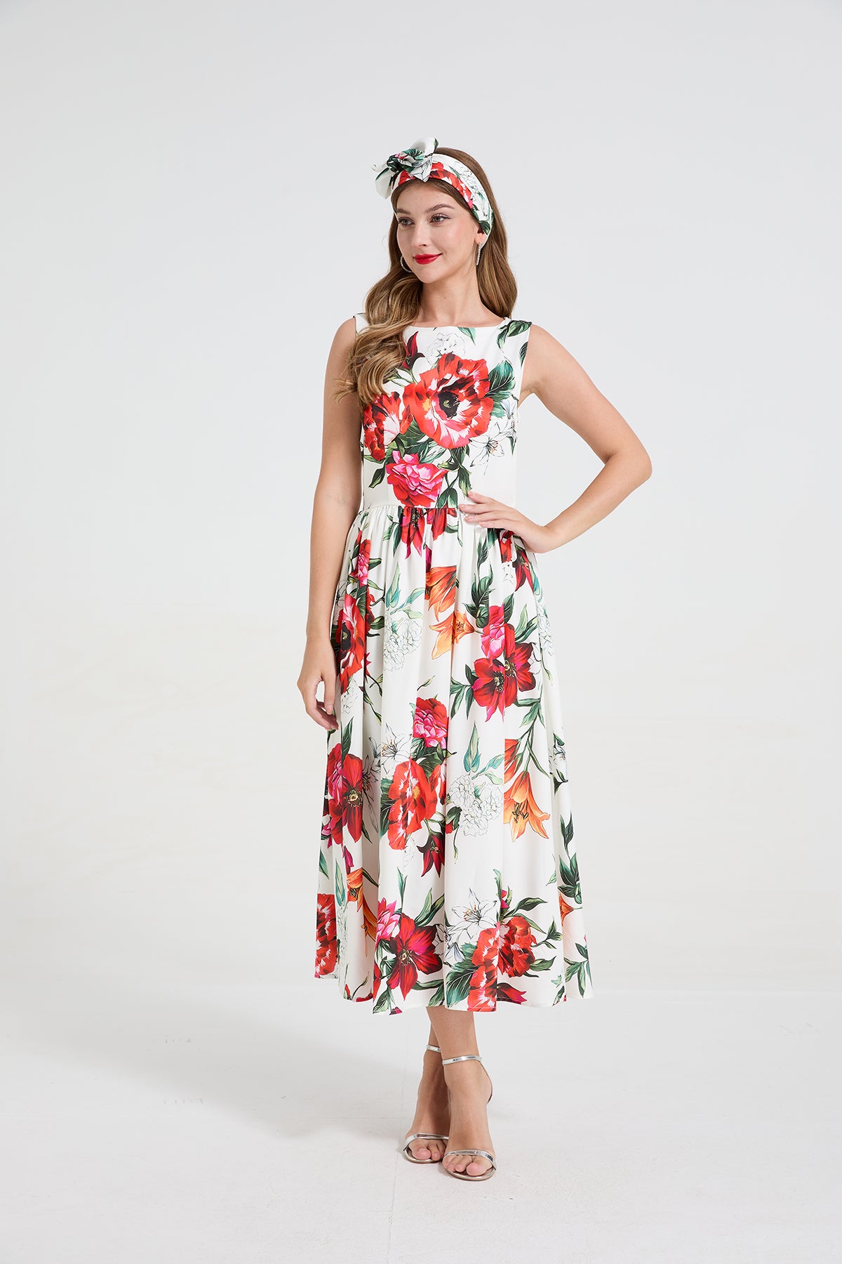 Red Floral Flared Dress