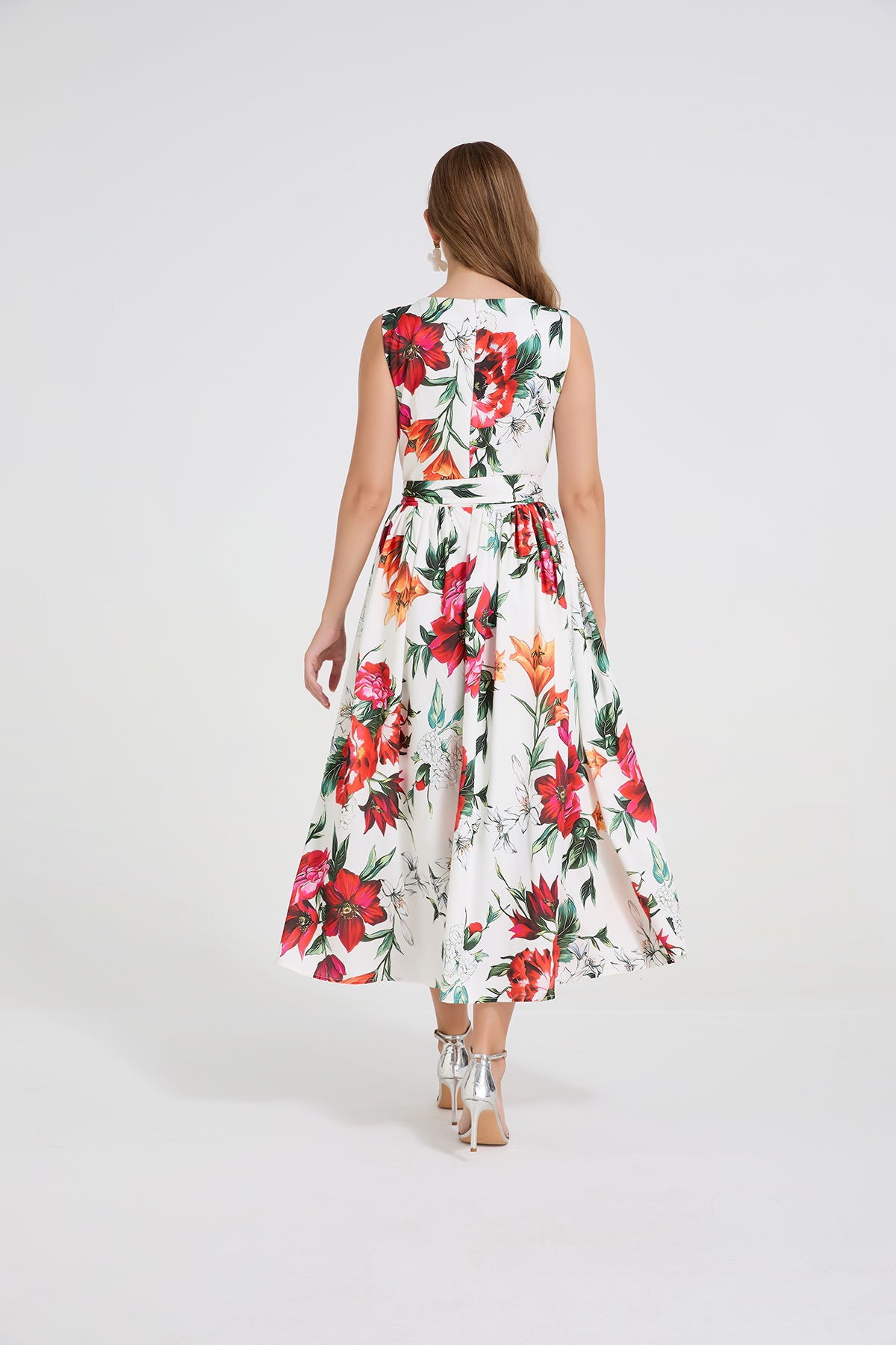 Red Floral Flared Dress