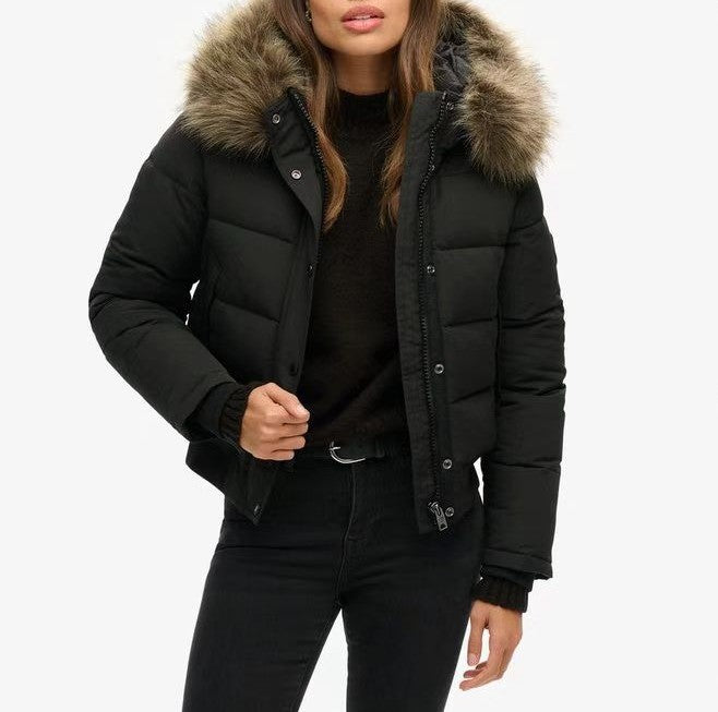 Black Hooded Fur Collar Cotton Coat