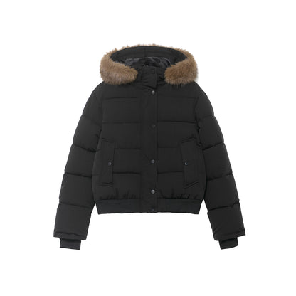 Black Hooded Fur Collar Cotton Coat