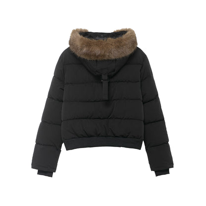 Black Hooded Fur Collar Cotton Coat