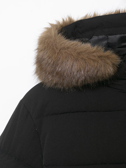 Black Hooded Fur Collar Cotton Coat