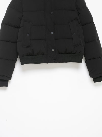 Black Hooded Fur Collar Cotton Coat