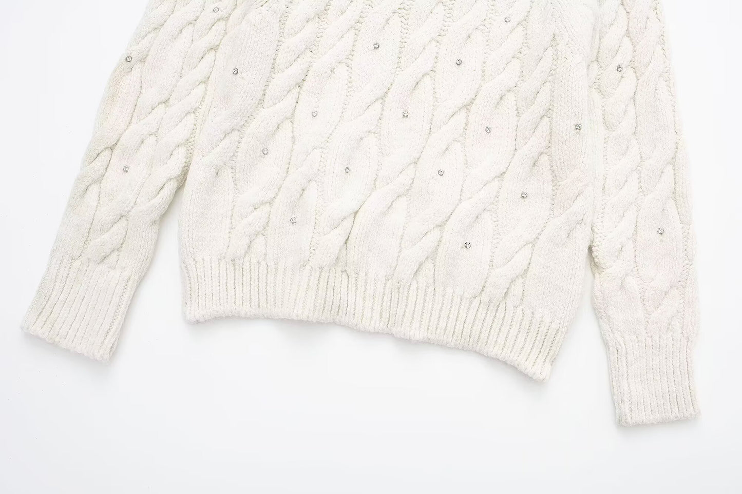 Rhinestone White Knitted Sweater