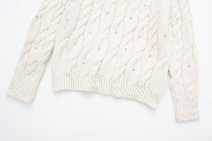 Rhinestone White Knitted Sweater