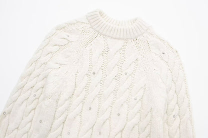 Rhinestone White Knitted Sweater