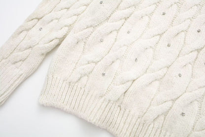 Rhinestone White Knitted Sweater