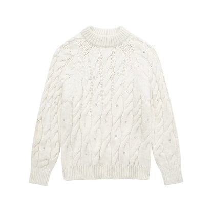 Rhinestone White Knitted Sweater
