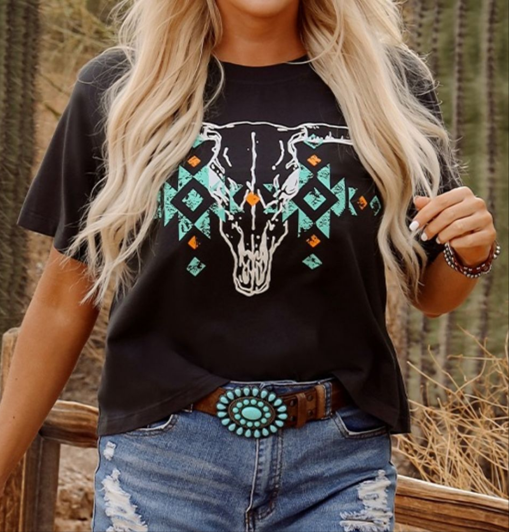 Bull Head Skull Round Neck Short Sleeve T Shirt