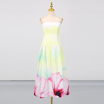 French Strapless Floral Print Pleated Dress