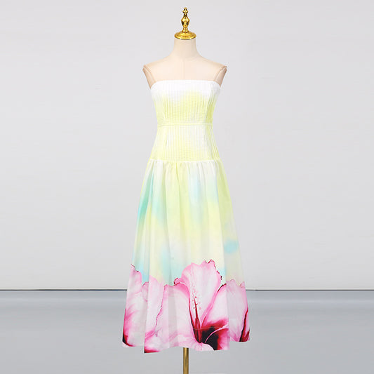 French Strapless Floral Print Pleated Dress