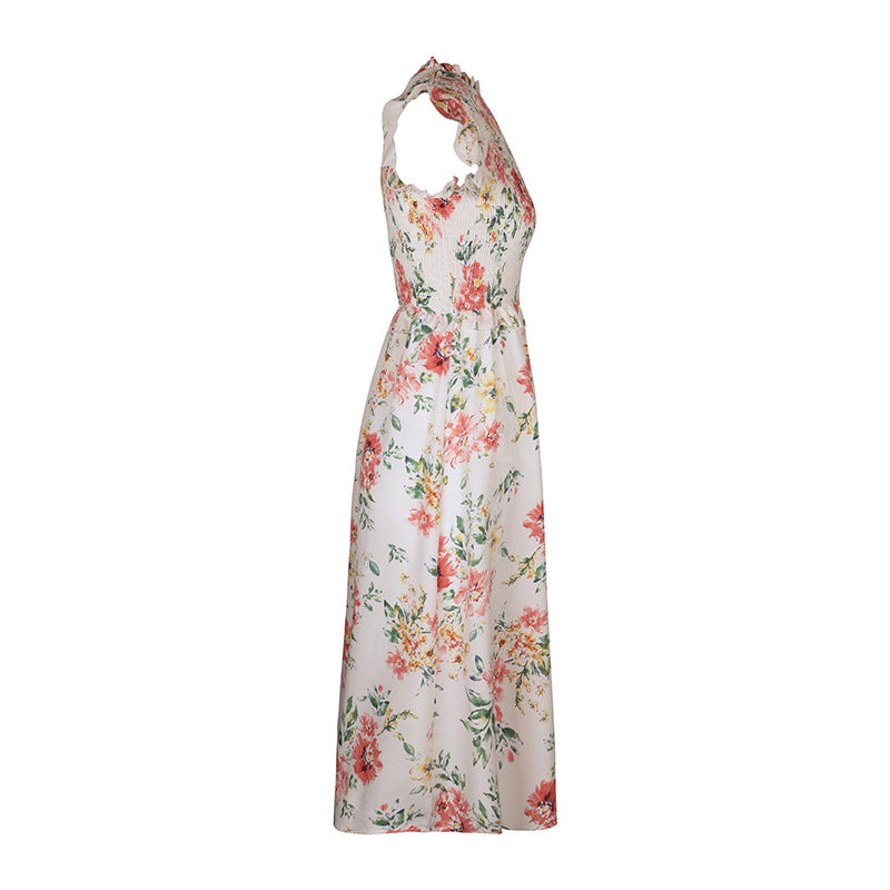 White Ruffled Sleeveless Printed Floral Dress
