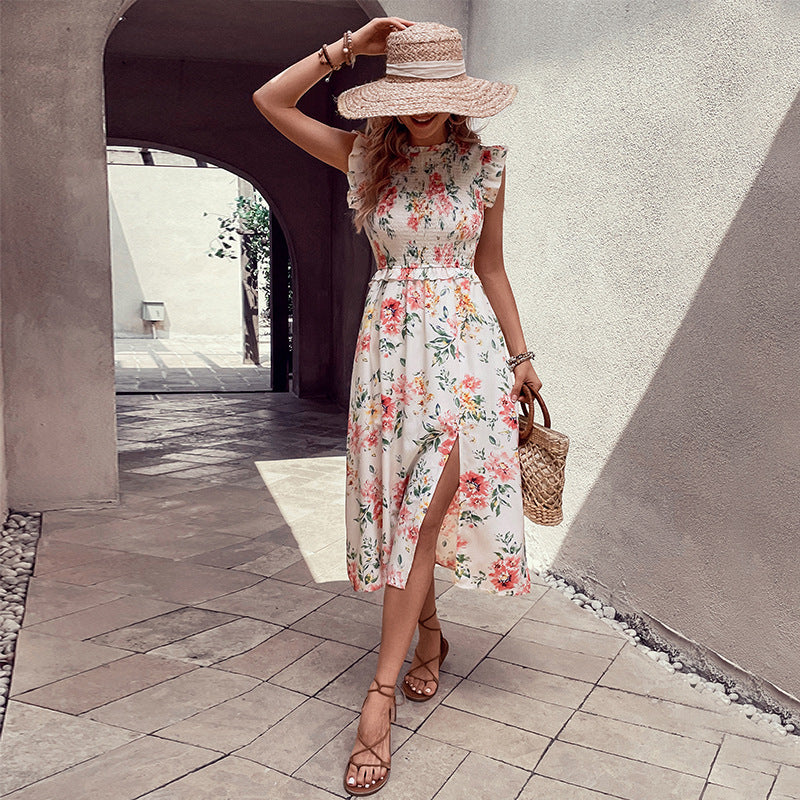 White Ruffled Sleeveless Printed Floral Dress