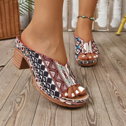 Thick Heel V Cut Peep Toe Sandals