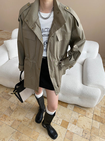 Fashionable Street Retro Design Stand Collar Profile Casual Overall Trench Coat